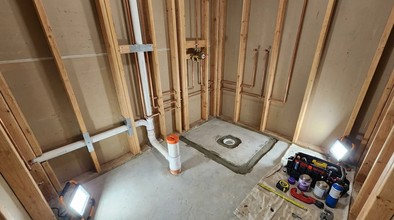 Bathroom rough-in plumbing during remodel by Johns Plumbing LLC in Bensenville