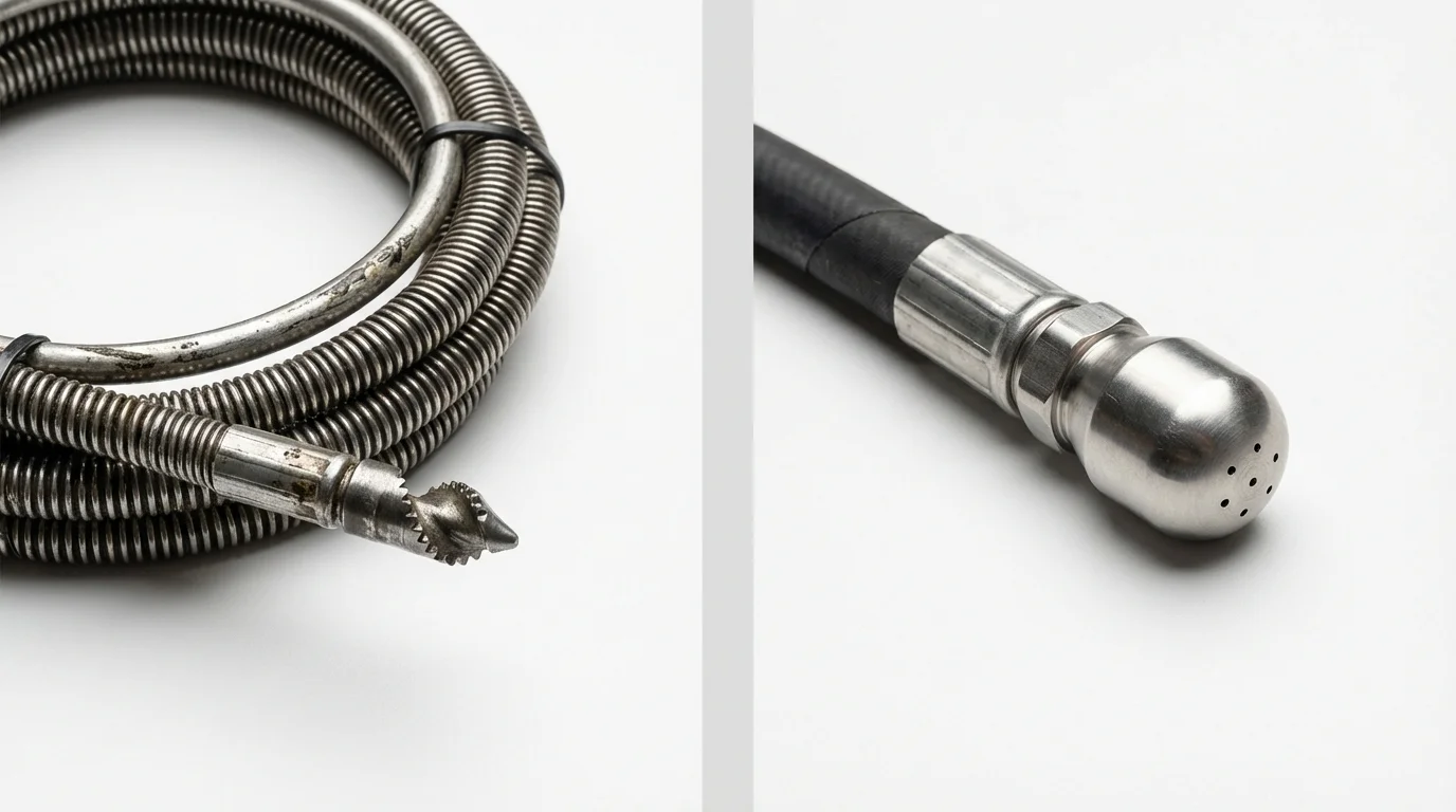 Drain snake cable and hydro jetting nozzle used for drain cleaning in Bensenville, IL