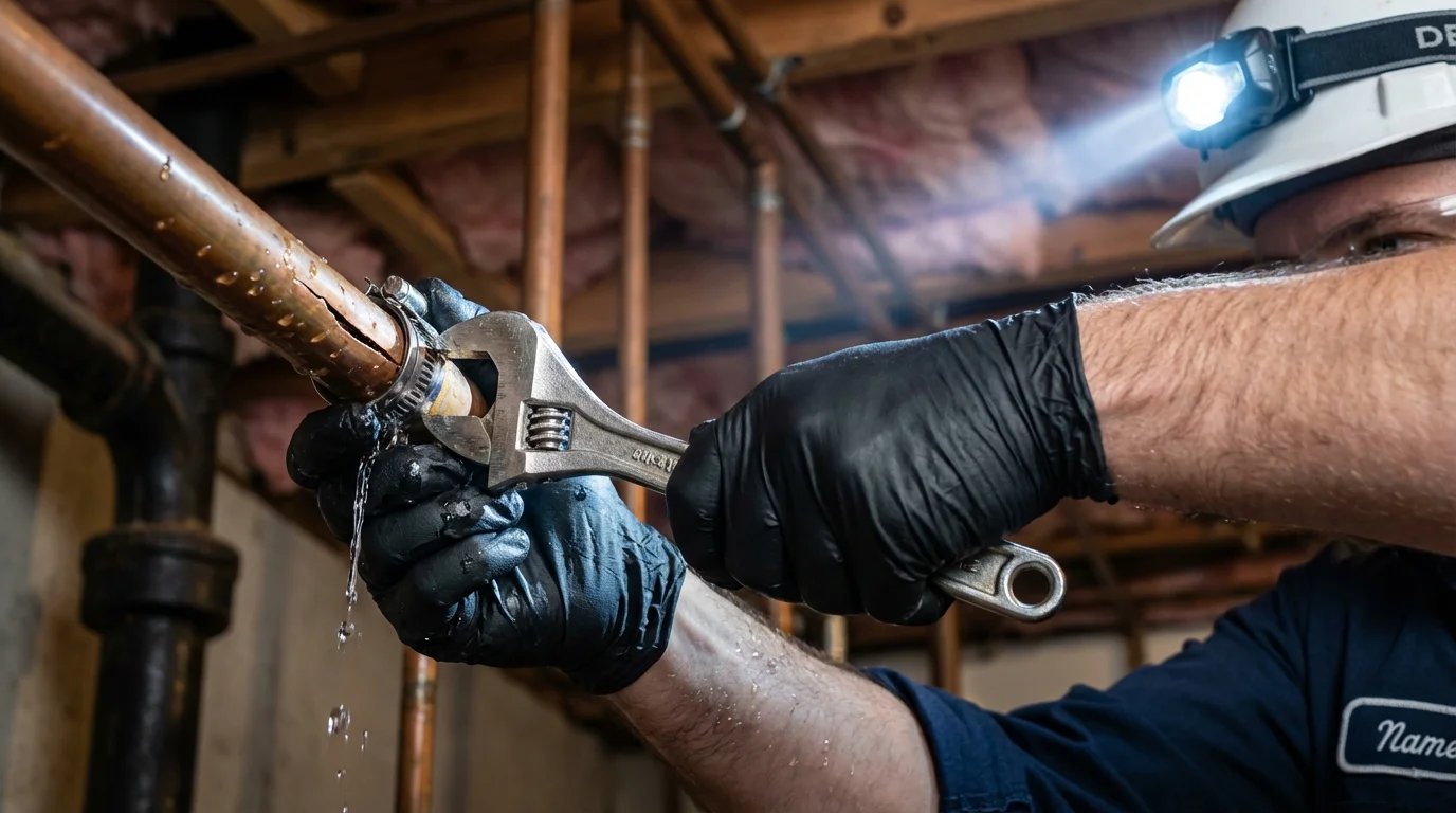 Emergency pipe clamp repair being performed by a Johns Plumbing LLC plumber in Bensenville