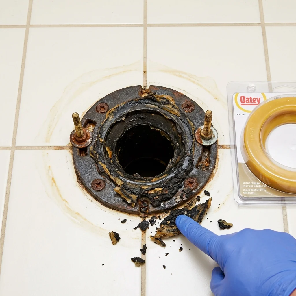 Failed wax ring showing water seepage at the base of a toilet in a Bensenville, IL home