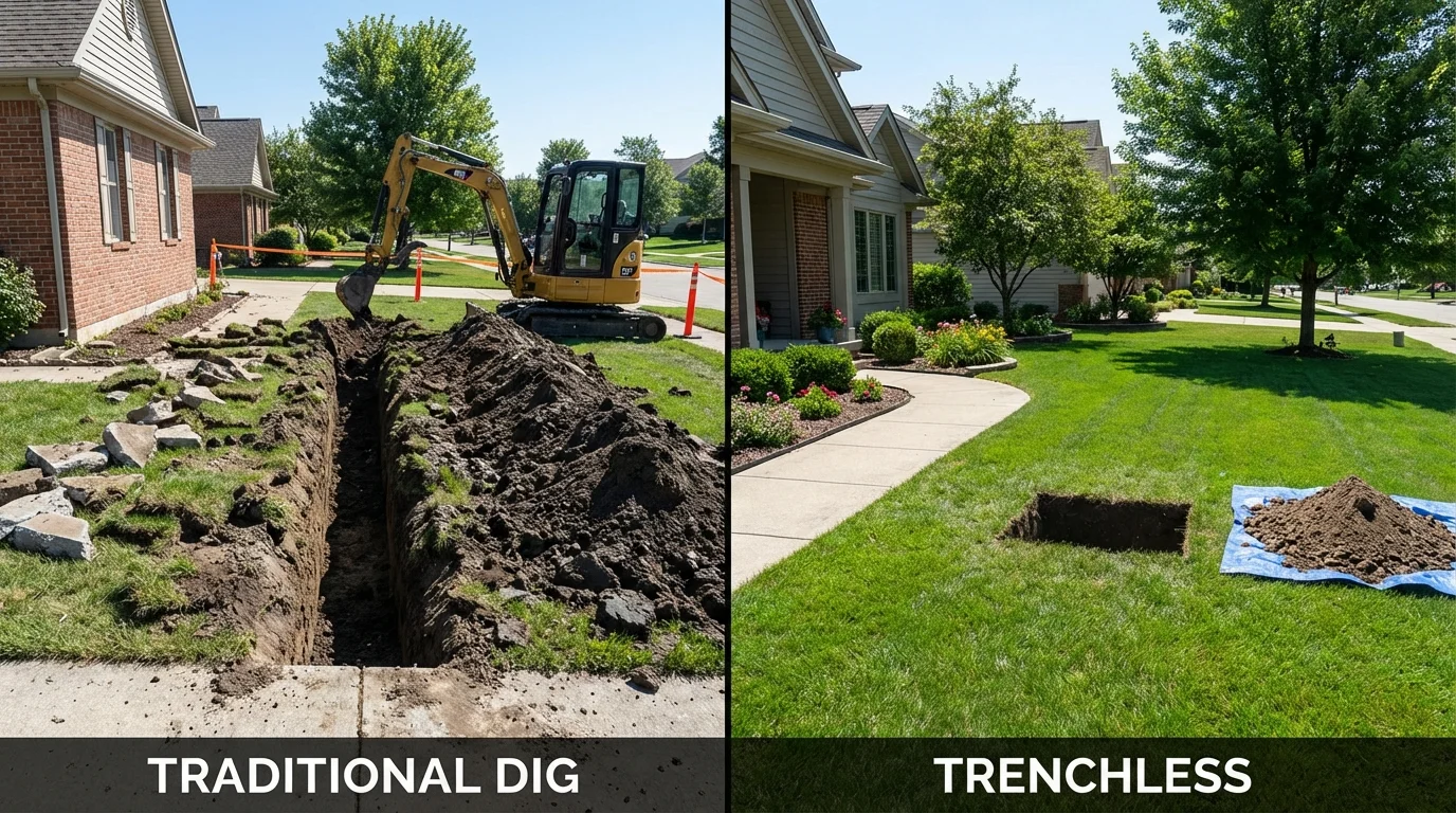 Trenchless sewer repair with minimal yard damage versus traditional excavation in Bensenville, IL