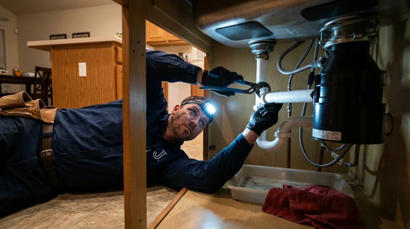 P-trap and supply line connections under a kitchen sink showing a common leak point in Bensenville, IL